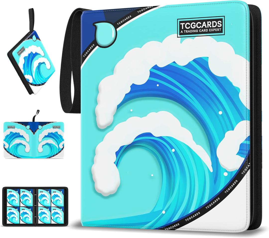 Trading Card Binder 4 Pocket,400 Pocket Card Collection Binder with 50 Removable Sleeves,PU Waterproof Top Card Book,3-Ring Zipper Collectible Trading Card Album for MTG/TCG/Card Holder GiftWater (Small, Blue-1)