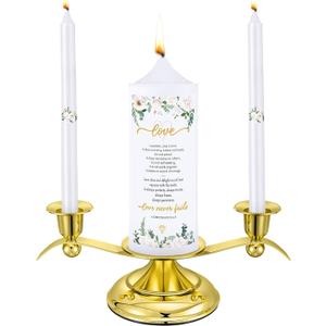 Landhoow 3 Unity Floral Candles for Wedding Ceremony Set with Golden Holder White Pillar and Taper Candles Religious Wedding Catholic Anniversary Big Events Gifts for Couple