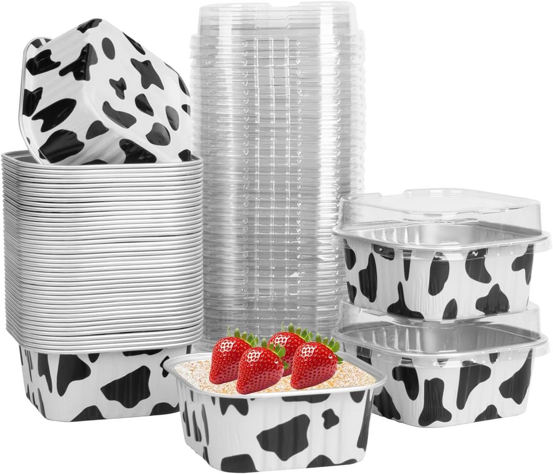 50 Pcs Mini Square Baking Cups with Lids,5oz Aluminum Foil Mini Cake Pans with Lids,Disposable Ramekins Cake Pans,150ml Dessert Cups Cupcake Pans for Wedding Birthday Party,Cowprint