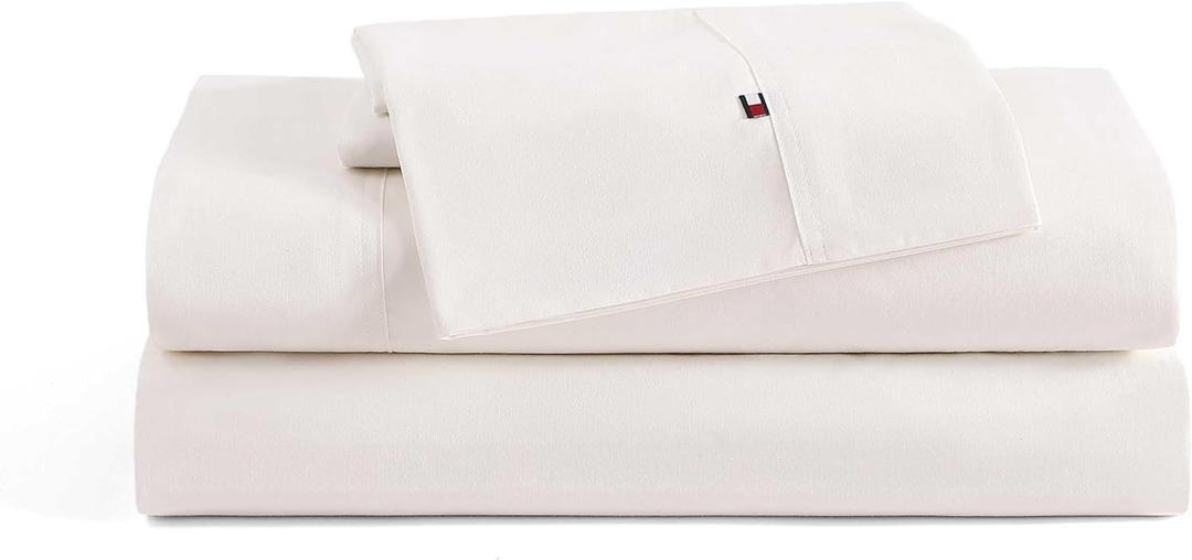 Tommy Hilfiger - Sheet Set, Cotton Washed Percale Bedding with Matching Pillowcases, Crisp & Cool, Solid Home Essentials (Ivory, Full)