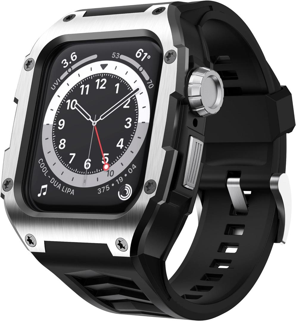 GELISHI Compatible with Apple Watch Band 44mm Men Rugged Case Stainless Metal Cover with Military Band Shockproof Protective Case for Watch Series 6 5 4 SE2, Black