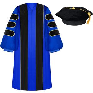 Unisex Doctoral Graduation Gown with Gold Piping | Academic doctoral Cap and Gown for Graduation Ceremony (Blue) Size 51