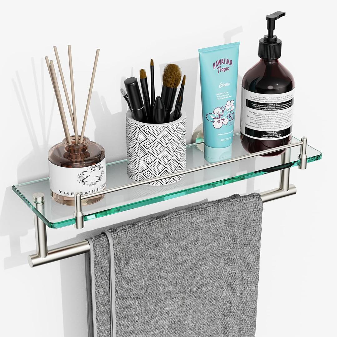 Glass Shelf for Bathroom with Towel Bar,16-Inches Brushed Nickel Floating Glass Shelf with Towel Rack Rectangular Tempered Glass Stainless Steel Glass Shelves Wall Mount Accessories