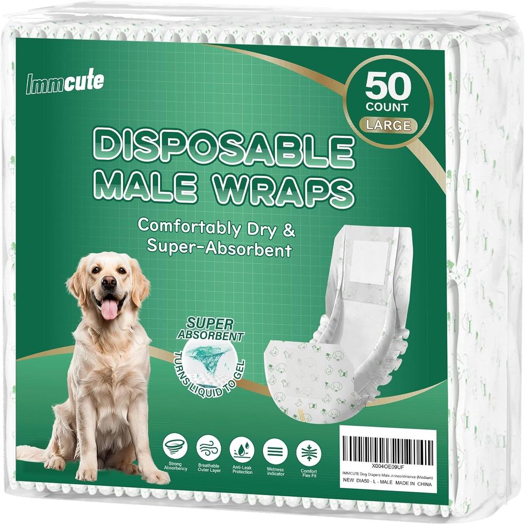 IMMCUTE Large Dog Diapers Male, 50 Ct, Extra-Wide Disposable Male Dog Wraps, Breathable, Comfortable Cotton Fabric with Super Absorbent Male Dog Diapers, Suitable for Large Breeds