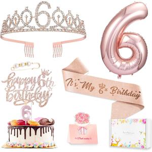6th Birthday Decorations for Girls, Including 6 year old Birthday Cake Topper, Queen Sash with Pearl Pin, Sweet Rhinestone Tiara Crown, Number Candles and Balloons Set, Rose Gold