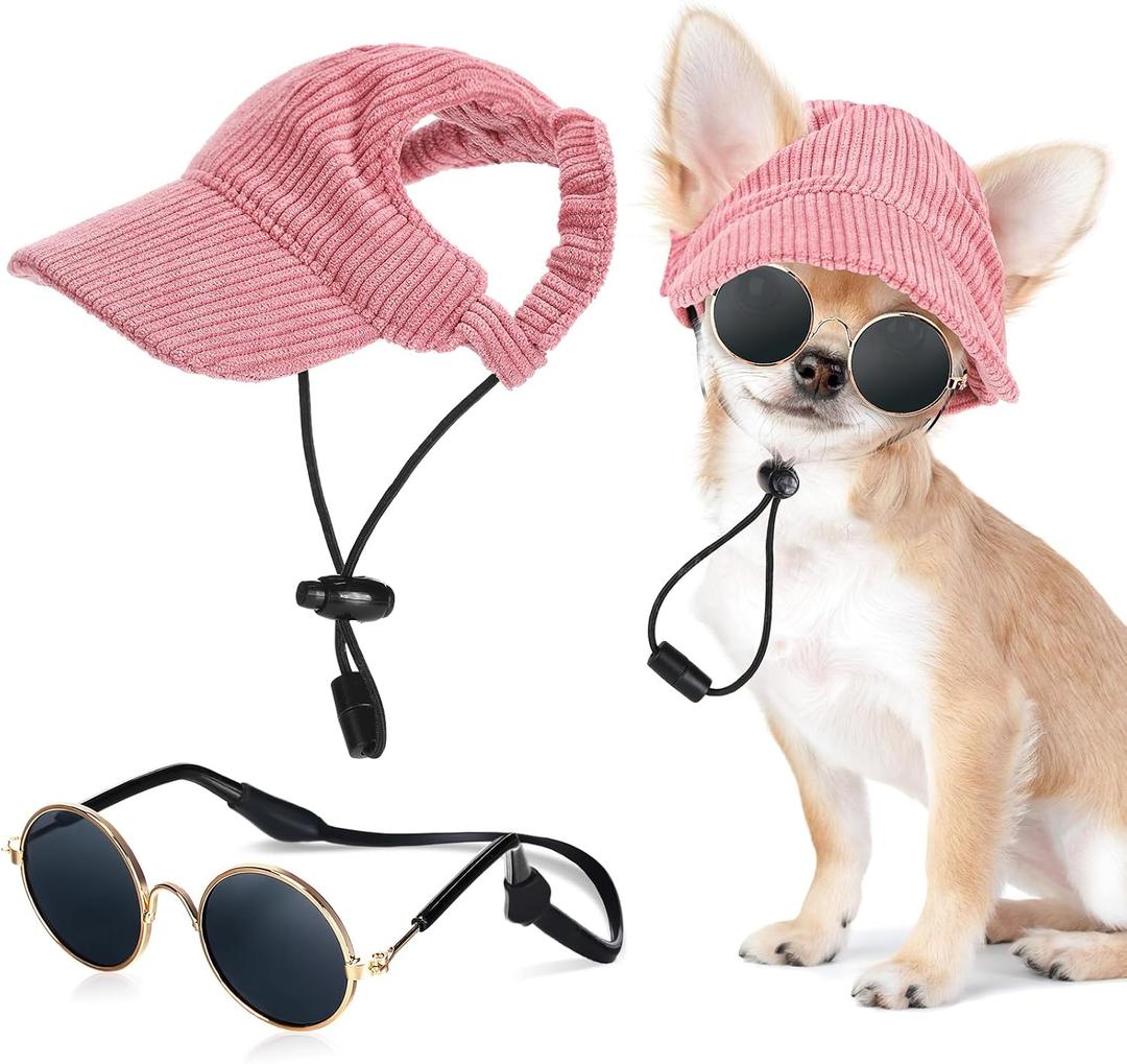 Jadive Small Dog Sun Hat with Ear Holes, Dog Cat Sunglasses with Anti-Slip Silicone Rope Baseball Cap Adjustable Puppy Sunbonnet Headdress Beach Visor Hat for Puppies Summer Outdoor (Pink, S)