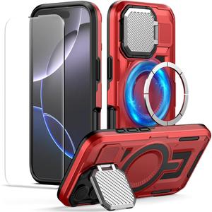 MMHUO for iPhone 16 Pro Case with Adjustable Camera Protector & Screen Protector,[Compatible with MagSafe] [Military Grade Protection] Shockproof Phone Case for iPhone 16 Pro,Red