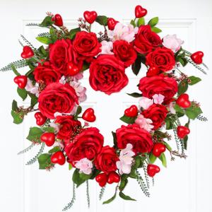20 Inch Valentines Wreath with Red Roses Pink Hydrangea Heart Berries, Valentine Wreaths for Front Door Wall Window, Valentine's Day Decorations for Home Office Wedding Party Anniversary