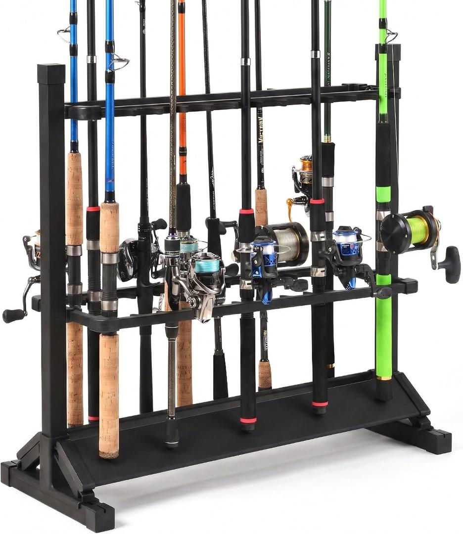 24-Rod Aluminum Fishing Rod/Pole Holder, Rustproof Fishing Rod Rack with 360 Lockable Wheels, Multi-Functional Storage Organizer for Garage & Home, Fits Most Rods & Golf Clubs (Black)