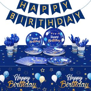 Pajean Blue Happy Birthday Party Tableware Set Birthday Decoration Banner and Tablecloths Decoration Plates Cups Napkins Dinnerware for 24 Guests Party Supplies(Blue and Gold)