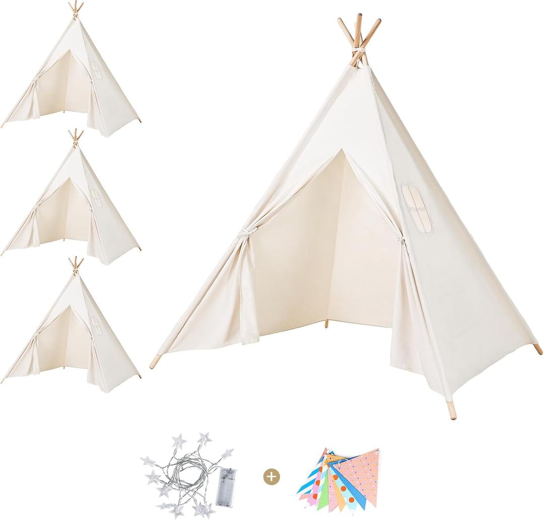 Sumbababy 4 Pack Teepee Tent for Kids Indoor Play Tent with Lights & Colorful Flags, Natural Canvas Sleepover Tents for Girls Party Washable & Foldable Slumber Party Tents