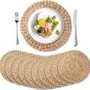 10 Pack, Round Woven Placemats, Natural Water Hyacinth Place mats, Braided Straw Table Mats for Dining Table, Christmas Placemats (13.8 inch)