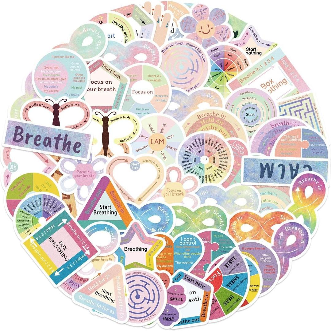50Pcs Breath Calm Anxiety Sensory Stickers Reusable Tactile Textured Mindfulness Sticker Fidget Silent Adhesive Sensory Strips for School Office Adults Teen Kid Tension Student Classroom