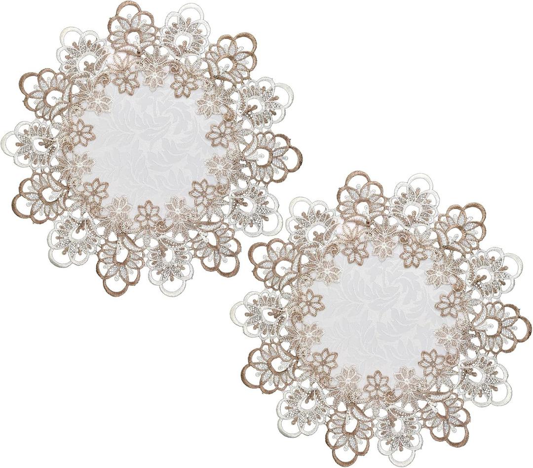 Embroidered Doilies for Tables, 2 Pcs 16 Inch Round Lace Doilies for Furniture Neutral Earth Tones Beige Lace Placemats Vintage Macrame Table Topper for Home Kitchen Coffee Table Dresser Tea Party