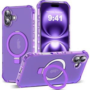 for iPhone 16 Case with Magnetic Invisible Stand [Compatible with Mag-Safe] [Military Drop Tested] Translucent Matte 16 Cover with Good Grip Curly Wave Edge for Women 6.1'', Purple