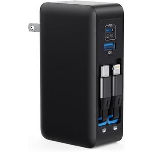 120W USB C Charger Block with 2 Built-in Retractable Cables, 4-in-1 GaN IV Foldable Plug Wall Charger Fast Charging Station, PD 65W Laptop Adapter for MacBook/ iPad, iPhone 16/ 15/ 14, Android (Black)