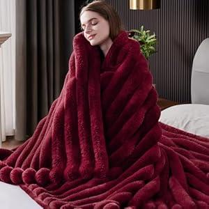 HaloRest Fluffy Faux Fur Throw Blanket King Size, Thick 1000GSM Soft Cozy Throw Blankets for Bed, Plush Striped Warm Fuzzy Blanket for Couch LivingRoom Home Decor & Gifts (90"x 104", Red)