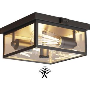 Outdoor Ceiling Light with Motion Sensor, Flush Mount Porch Light, Exterior Light Fixture with Clear Glass, Dusk to Dawn 2-Light Fixture for Patio,Porch (10.5 in)