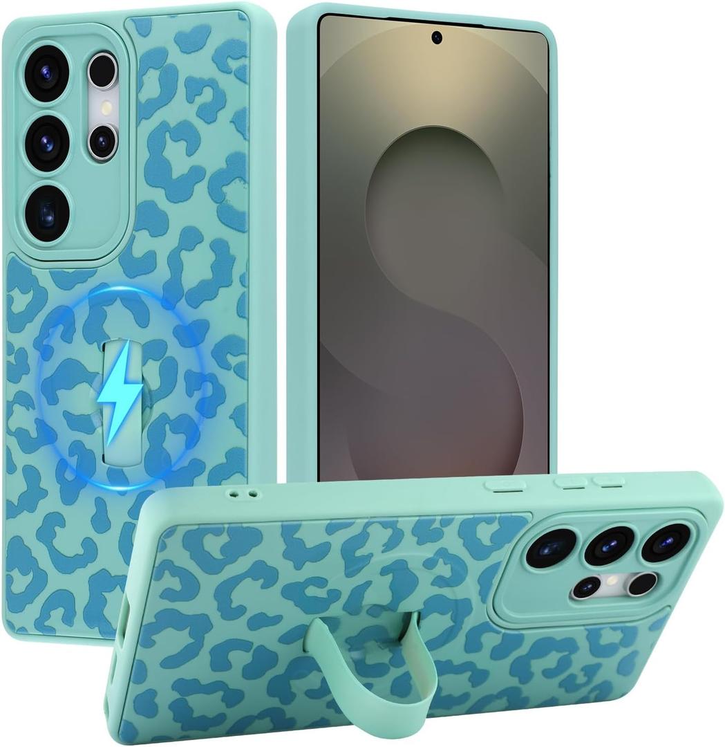 MOWIME Magnetic for Samsung Galaxy S25 Ultra Case with Finger Strap, Compatible with Magsafe, Cheetah Print Pattern Women Girls, Slim Shockproof Soft TPU Case for Galaxy S25 Ultra 6.9 Inch, Green