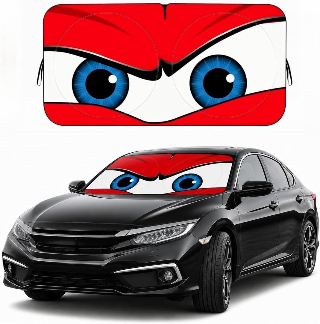 Funny Eyes Car Windshield Sun Shade, 59 x 27.5 Foldable Front Window Sunshade Universal Fits Sedan Compact Car Hatchback Small SUV, UV Heat Protection (Red Angry Eyes)