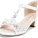DREAM PAIRS Girls Sandals Ankle Strap T-Strap Low Heel Pearl Bow Flower Pump Dress Wedding Party Shoes for Little Kid/Big Kid (Ivory)