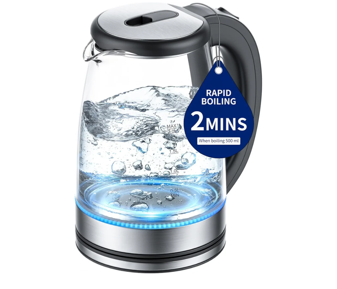 Electric Kettle Glass 2L, 1500W Fast Boiling Hot Water Boiler with Auto Shut-Off, LED Light, BPA-Free, Borosilicate Glass, Stainless Steel Interior, Wide Opening, Cordless Tea Kettle Black Silver