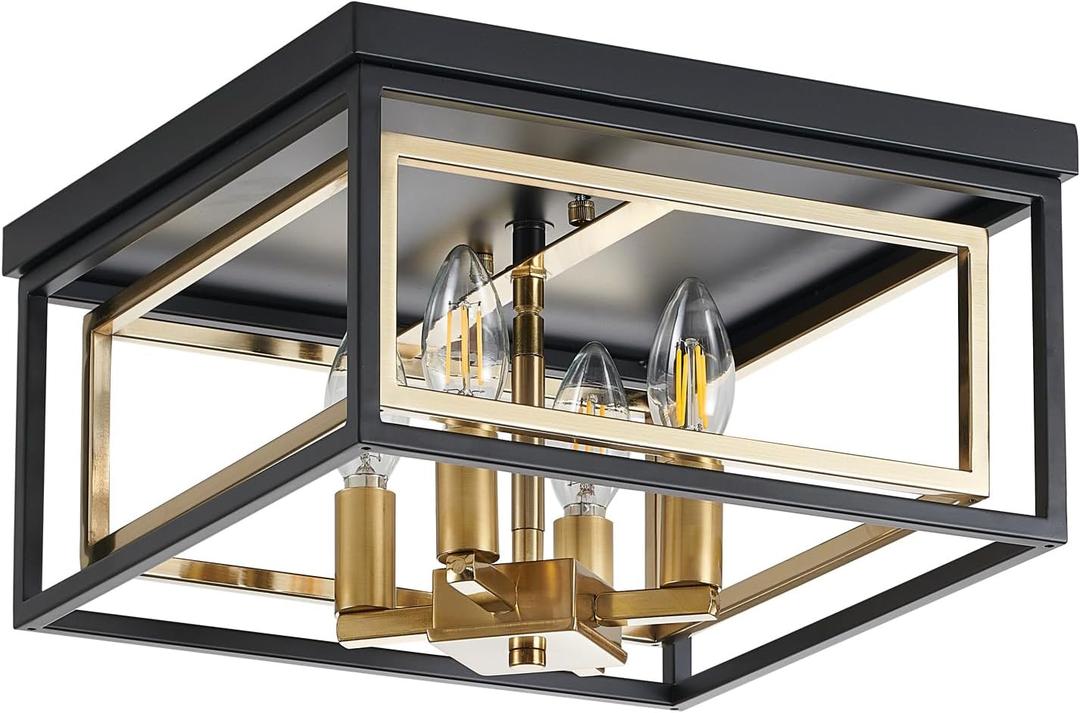 Modern Flush Mount Ceiling Light, 4-Light Metal Close to Ceiling Lamp, Adjustable Industrial Black Gold Light Fixture, Farmhouse Chandelier for Kitchen Island Hallway Dining Room