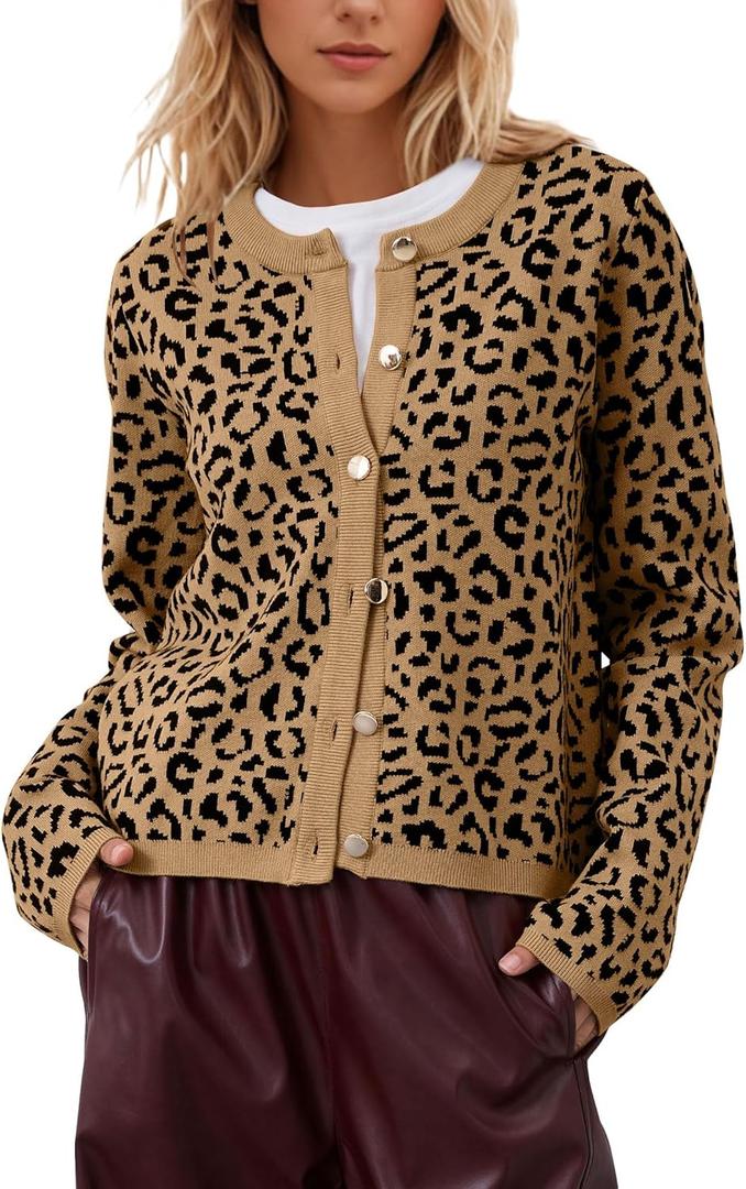 Leopard Cardigan Long Sleeve Open Front Button Up Cheetah Print Top Leopard Sweater Coat Cropped Cardigan Jackets (S)