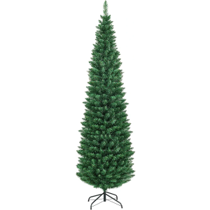 7FT Pencil Christmas Tree, Slim Skinny Hinged Pine Tree with PVC Material, 700 Branch Tips, Solid Metal Legs, Unlit Artificial Xmas Tree for Home, Holiday, Hotels, Outdoor Decoration, Green
