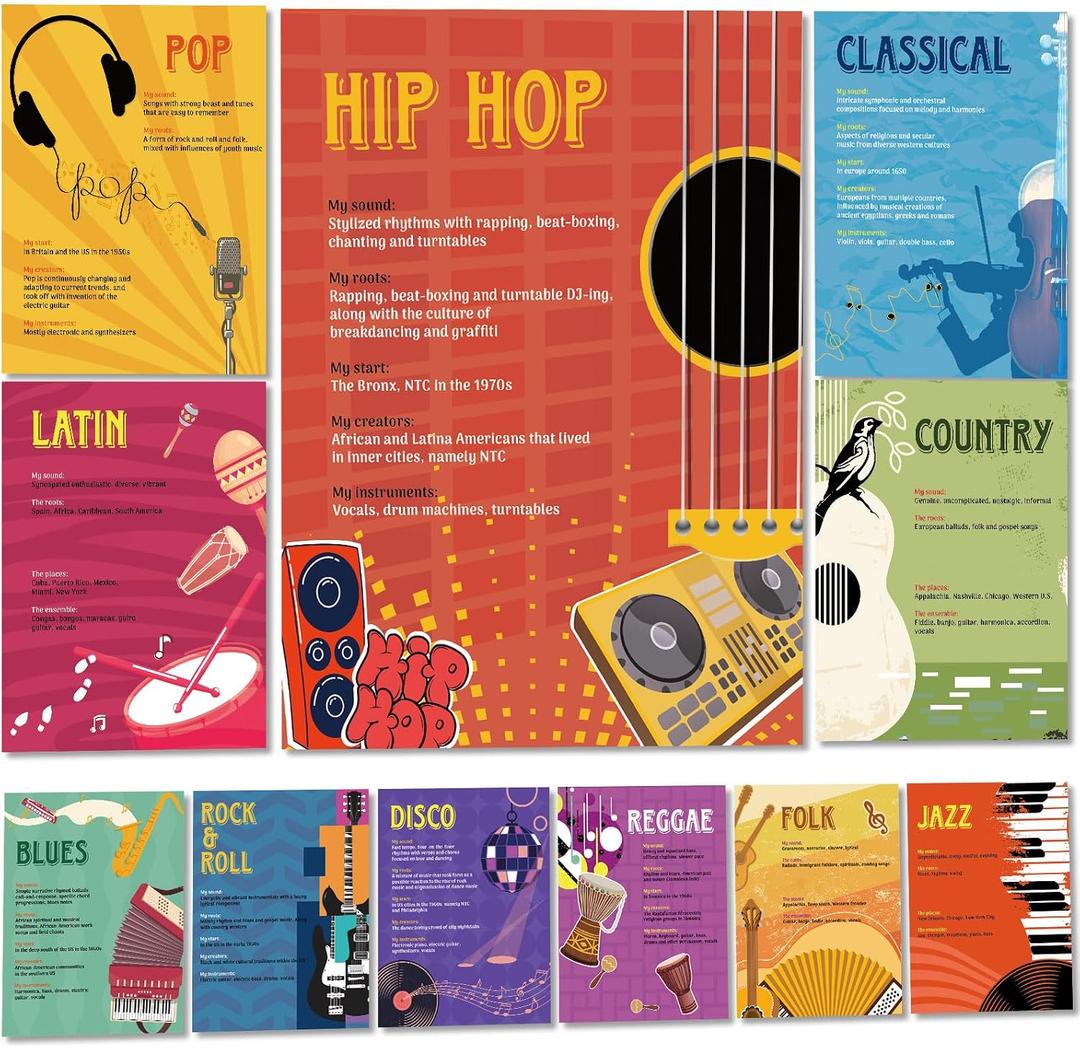 Pajean 11 Pcs Music Classroom Posters Musical Educational Posters Bulletin Board Set for Classroom Decoration Primary Middle High School Back to Homeschool Teacher Supplies