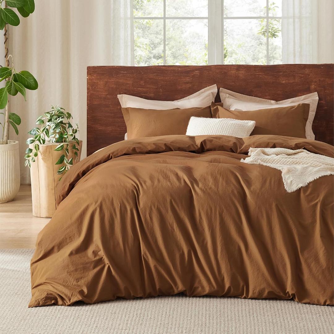 Bedsure 100% Washed Cotton Duvet Cover Queen Size - Hazelnut Brown Minimalist Cotton Duvet Cover Linen Like Breathable - GentleSoft Plain Simple Bedding (Hazelnut Brown, Queen, 90"x90") (06 - Hazelnut Brown (No Comforter))