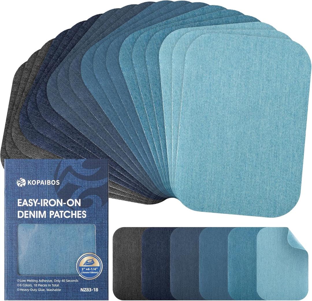 KEPAIBOS Low Temperature Iron-On Denim Patches  18 PCS Repair Kit, 6 Colors, 3" x 4-1/4", Durable Fabric Patches for Jeans, Jackets & Ripped Clothes