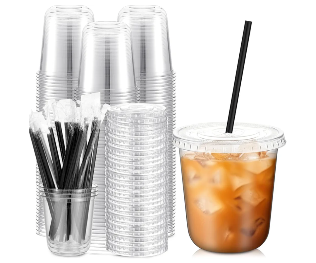 100 Set 12 oz Clear Plastic Cups with Lids and Straws, Disposable Iced Coffee PET Cups for Drinking Cold Beverage Juice Parfait Smoothie Milkshake Coffee Shops Party Supplies