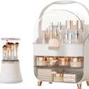 Makeup Organizer Countertop & Makeup Brush Holder with Lid 360 Rotating Clear Dustproof Skincare Holder for Vanity Bathroom Countertop, Ideal Gifts for Women, Transparent, Rose Gold
