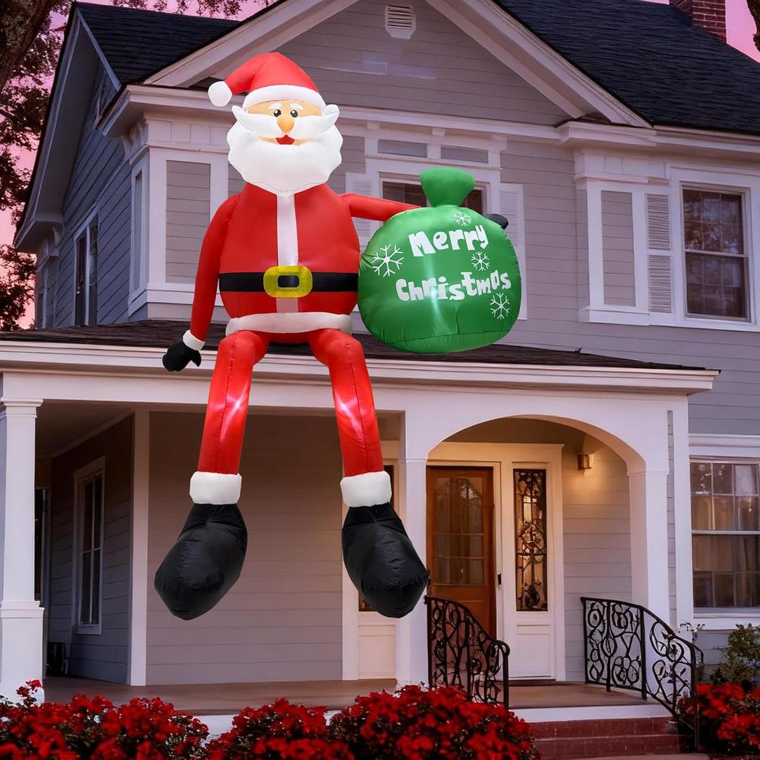 8FT Christmas Inflatable Santa Claus Outdoor Decoration for Yard, Blow up Hanging Santa with Gift Bag Built-in LED Light, Xmas Weatherproof Outside Decor for Garden Patio Lawn Home
