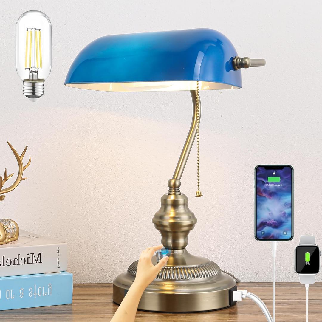 Tingruiz Rustic Banker's Desk Lamp Stepless Dimmable, Traditional Bankers Desk Lamp with USB Port and Outlet, Vintage Farmhouse Table Lamp for Home Office Library