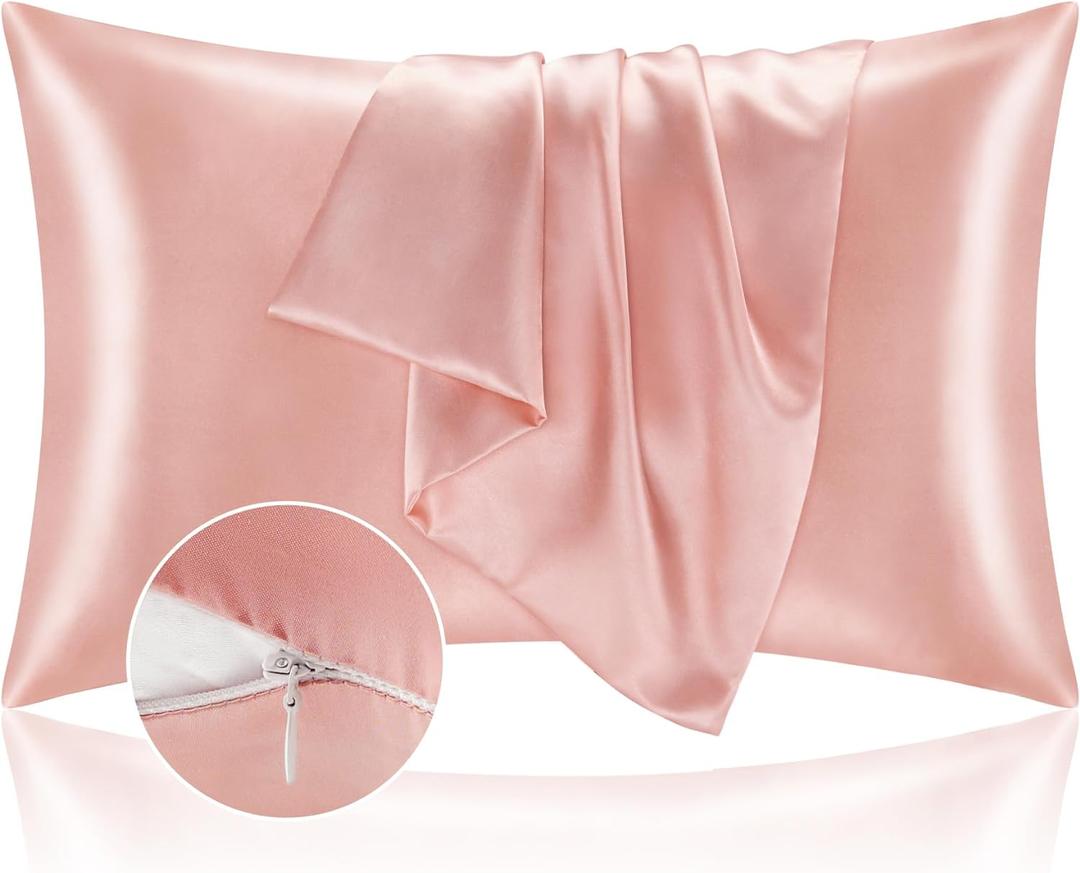BEDELITE Satin Pillowcase with Zipper 2 Pack, Coral Pillow Cases Standard Size, Super Soft and Cooling Similar to Silk Pillow Cases, Gift for Women Men(20x26 Inches)
