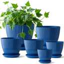7.5/6.5/5.5/4.9/4.2/3.5 Inch Plant Pots with Saucers & Drain Holes - Indoor/Outdoor Flower Pots for Succulents, Herbs, Cactus - Modern Lightweight Durable Planter Set, Blue