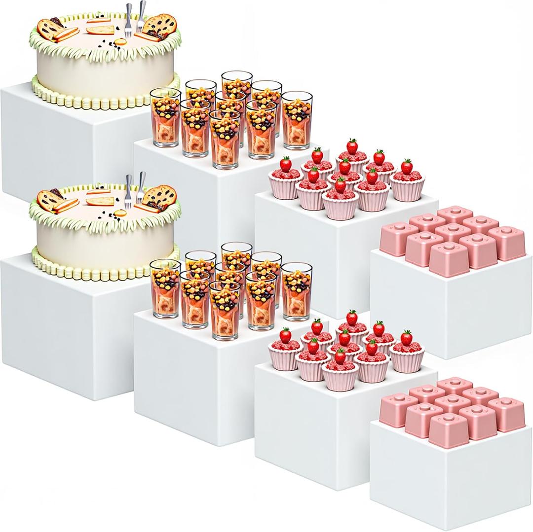 LemonRoad 8 Pcs Buffet Food Risers for Table, 5", 5.5", 6.5", 7.8'' Acrylic Buffet Risers and Stands, Display Stand Box for Catering Dessert Collectibles Jewelry Figures Show Cube (White)
