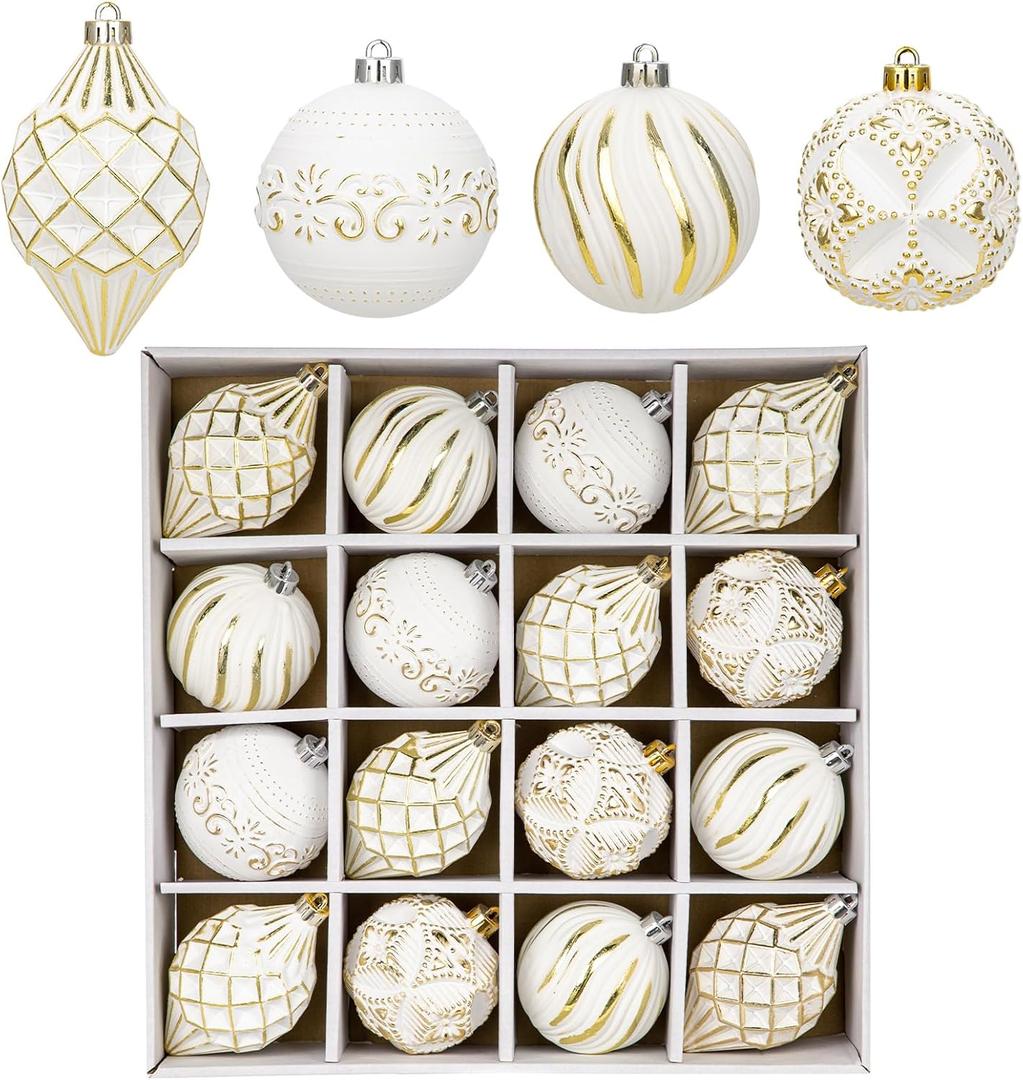 16PCS Shatterproof Christmas Ball Ornaments Set, Hand-Painted Holiday Decor with Assorted Sizes & Designs for Christmas Tree Thanksgiving Party Decoration, Gold-White
