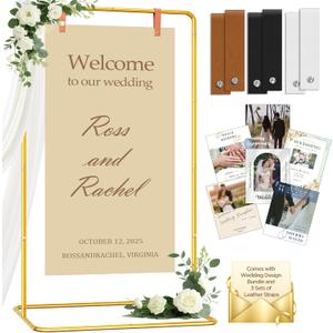 Wedding Sign Holder Adjustable up to 5.7 FT Tall - Welcome to Our Wedding Sign Stand with Design Bundle, Hanging Straps & Water Bags, Seating Chart Display, Metal Easel for Baby Shower & Party - Gold