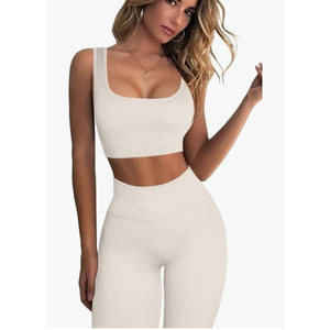 OQQ Ribbed Workout Outfits for Women 2 Piece Seamless Sport Bra High Waist Yoga Leggings Sets S