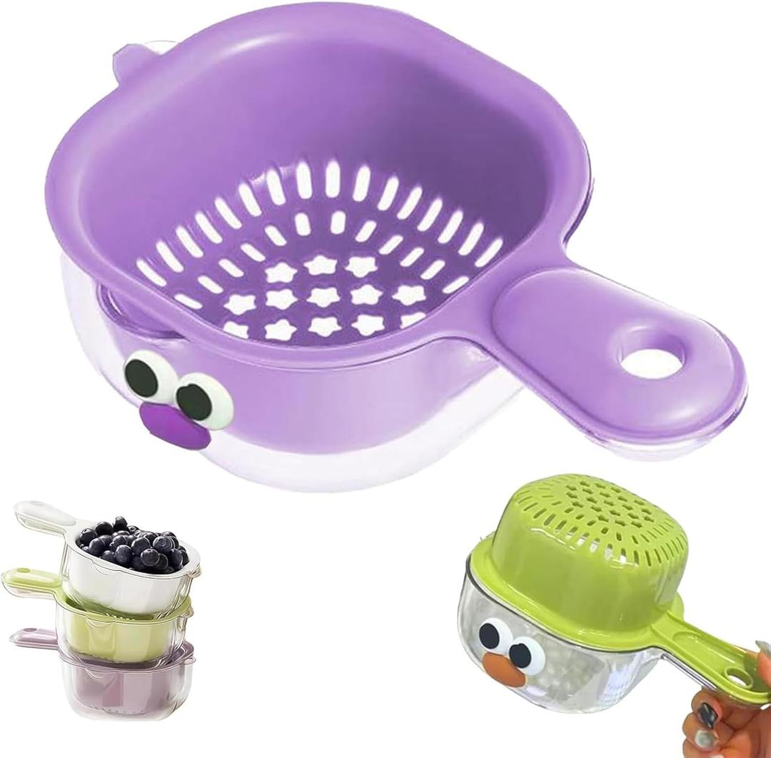Kitchen Dual Layer Draining Basket with Handle,Double Drain Plastic Fruit Washing Bowl, Handy Mini Berry and Tomato Washer, Fruit Storage Container (Purple)