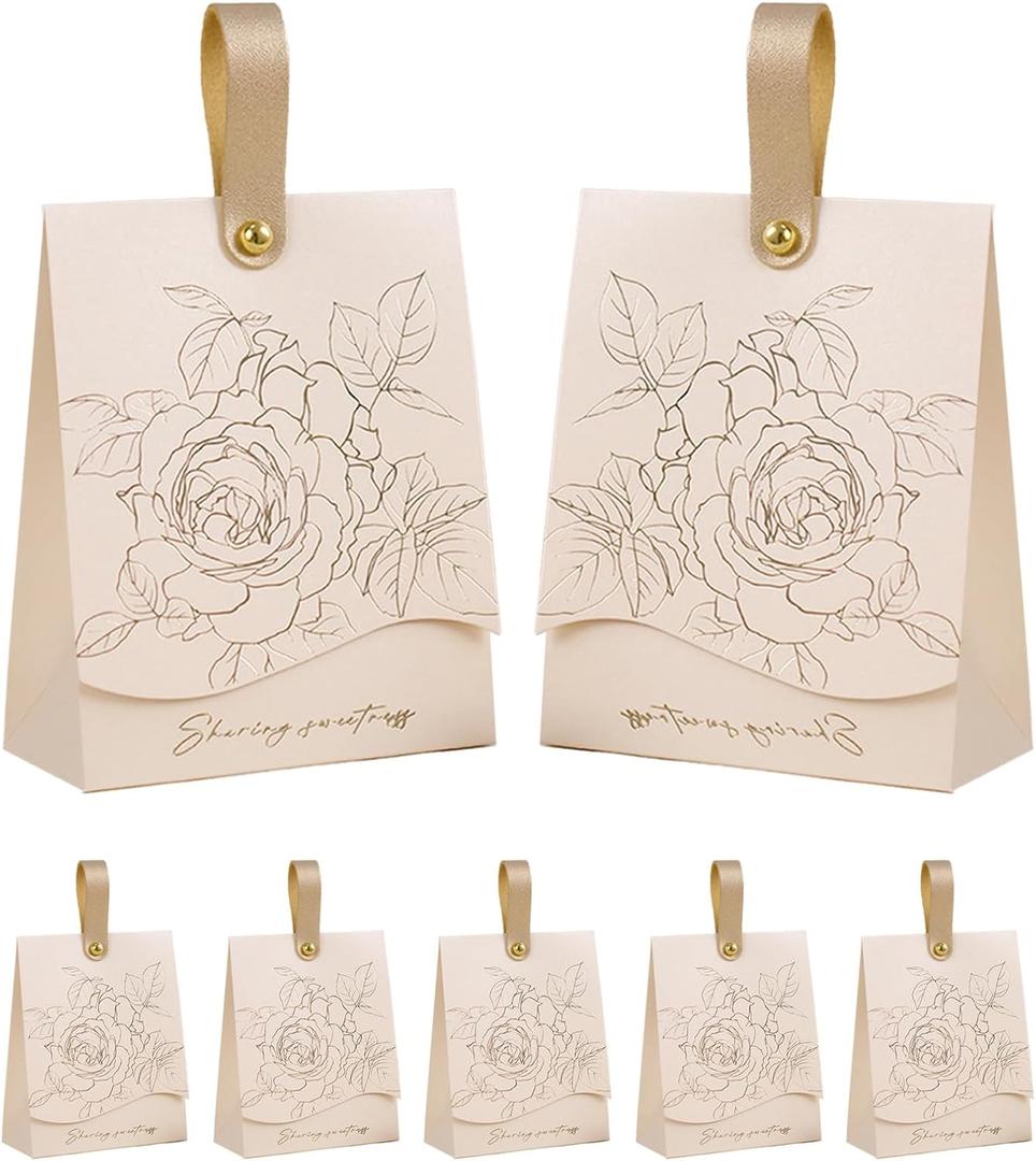 FAYEVIVI 20pcs Party Favor Boxes - Gift Boxes with Lids for Presents, Small Thank You Treat Box, Leather Handle Candy Bags Bulk, for Birthday Bridal Wedding Babyshower (Champagne) (Champgne)