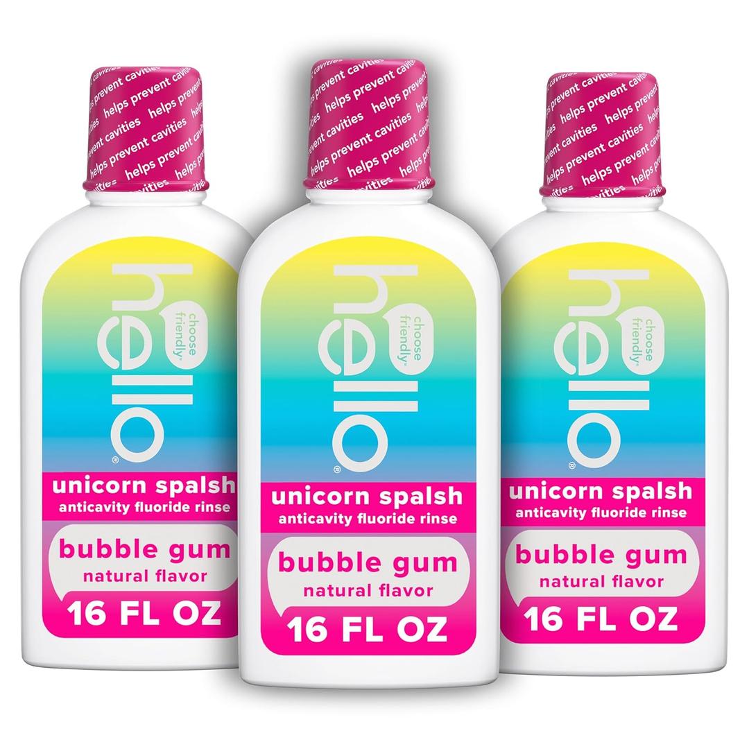 Hello Kids Mouthwash with Unicorn Bubble Gum Flavor, Alcohol Free Mouthwash for Kids with Fluoride, Safe for Ages 6 and Up, Anticavity, Vegan, No Alcohol, No Dyes, 16 Oz Bottles (Pack of 3) (16 Fl Oz (Pack of 3))