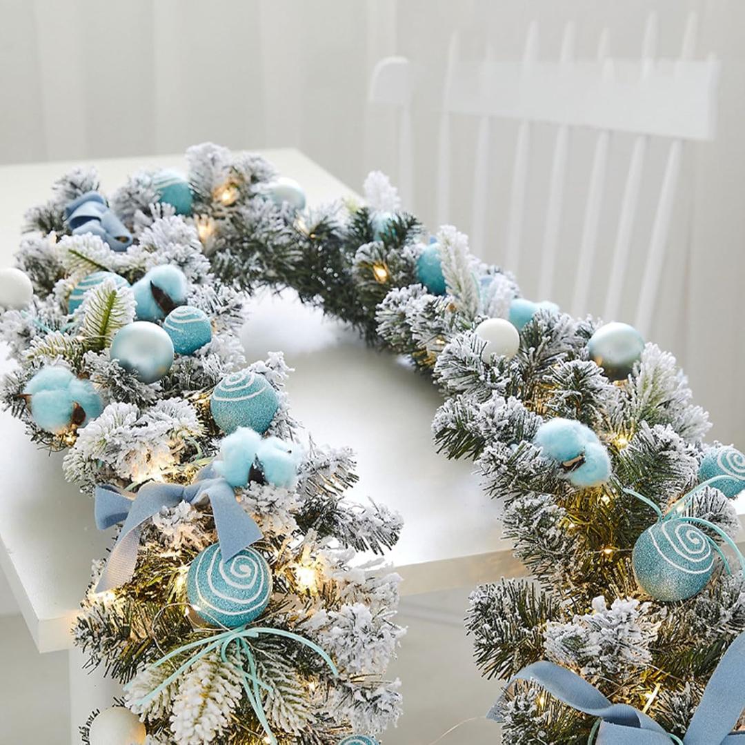 Christmas Garland Pre-Lit 6FT Christmas Garland with Lights, Artificial Pine with Ball Ornaments, Pinecones & Bows (Blue)