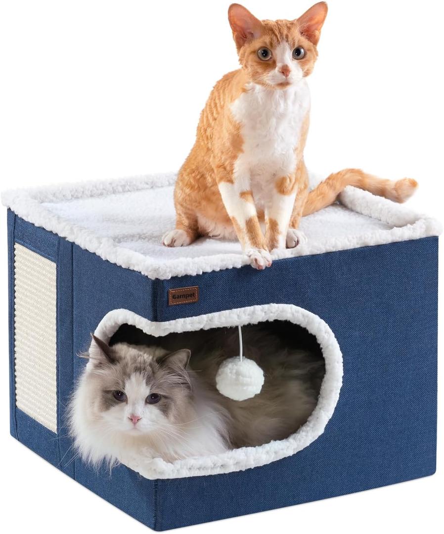 Cat Bed for Indoor Cats Cube House, Covered Cat Cave Beds & Furniture with Scratch Pad and Hideaway Tent, Cute Modern Cat Condo for Multi Small Pet Large Kitten Kitty, Navy (16.5"D x 16.5"W x 13"H)