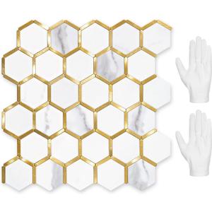 STICKGOO Hexagon Peel and Stick on Backsplash for Kitchen and Bathroom, White Marble Look PVC Mixed Metal Gold Self Adhesive Metal Mosaic Tiles(10 Sheets, Seamless) (White Marble with Metal Gold)