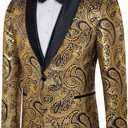 DiBanGu Mens Blazer One Button Shawl Lapel Tuxedo Sport Coat Casual Dress Suit Jacket for Men Wedding Party Prom, Black and Gold, Large