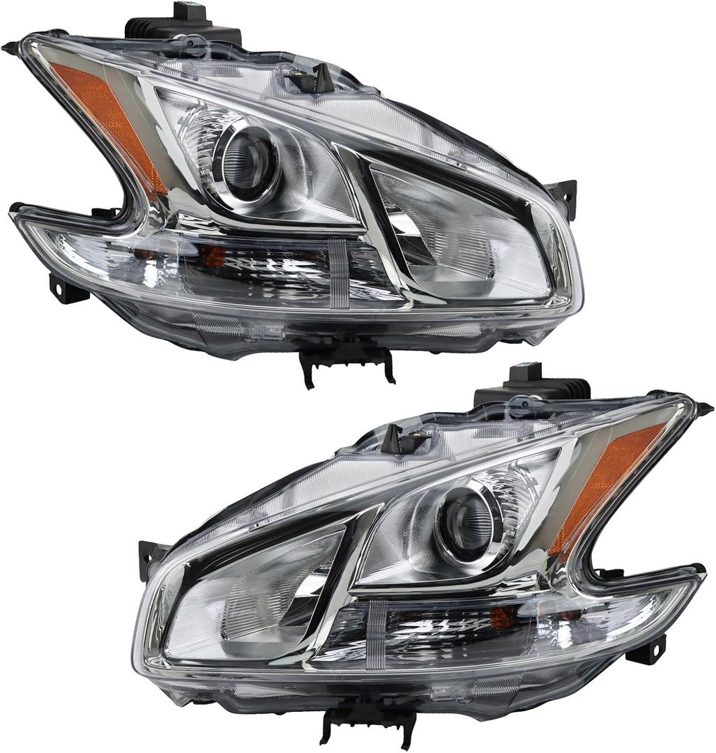 TRQ 2 Piece Headlight Assembly Set Chrome Bezel Driver & Passenger Side Compatible with Nissan Maxima 2009-2014 NI2502177 NI2503177 260109N00A 260609N00A